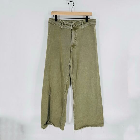 Zara Women’s Army Green Denim Sailor Pants Size 14 Wide Leg Raw Hem - Picture 7 of 7